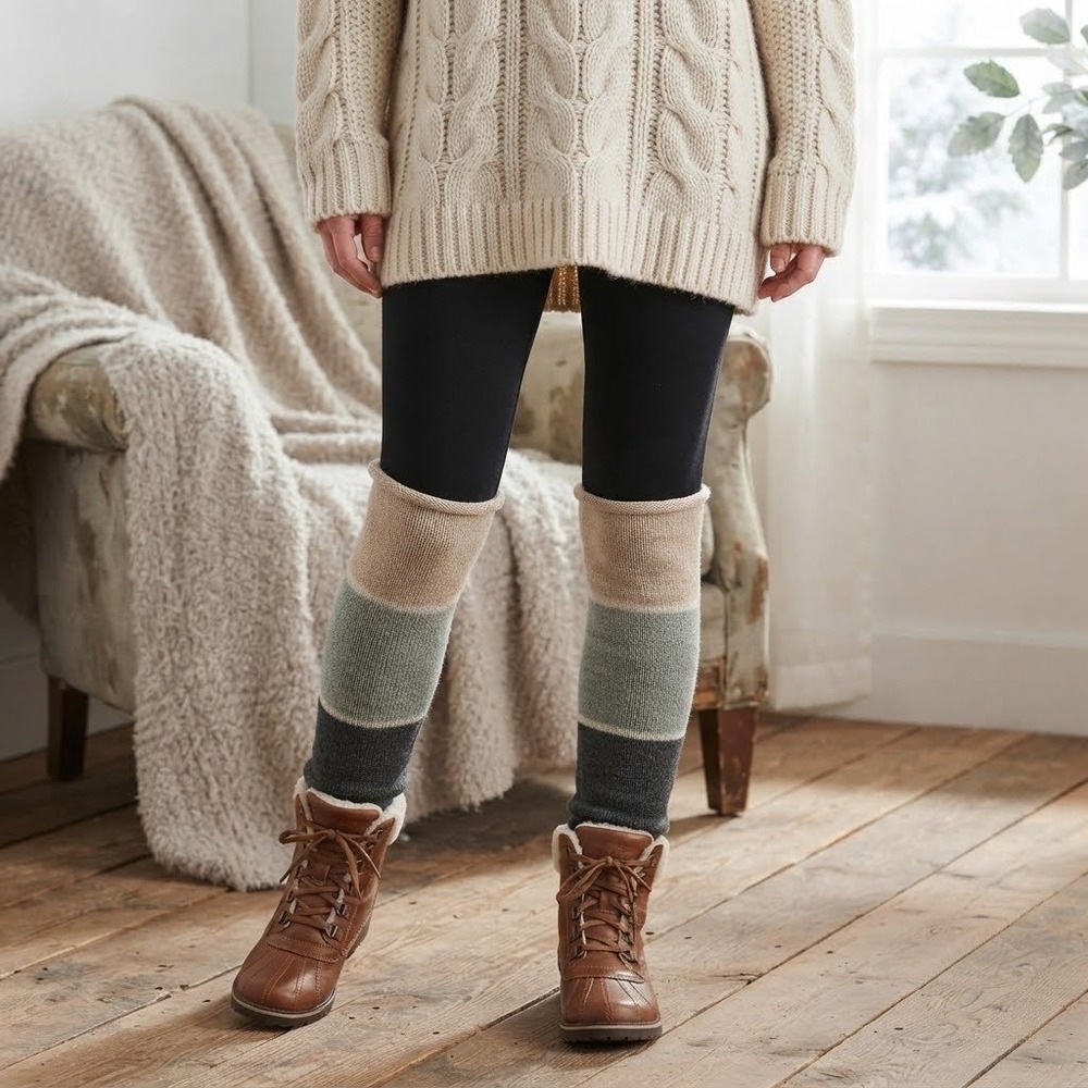 Colorblock Leg Warmers Knit Winter Cabin Core Cozy Wool Blend Neutral Lagenlook